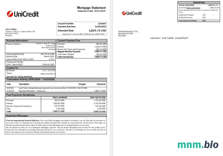 Rumunia Unicredit Bank wyciąg z kredytu hipotecznego w formatach Word i PDF
